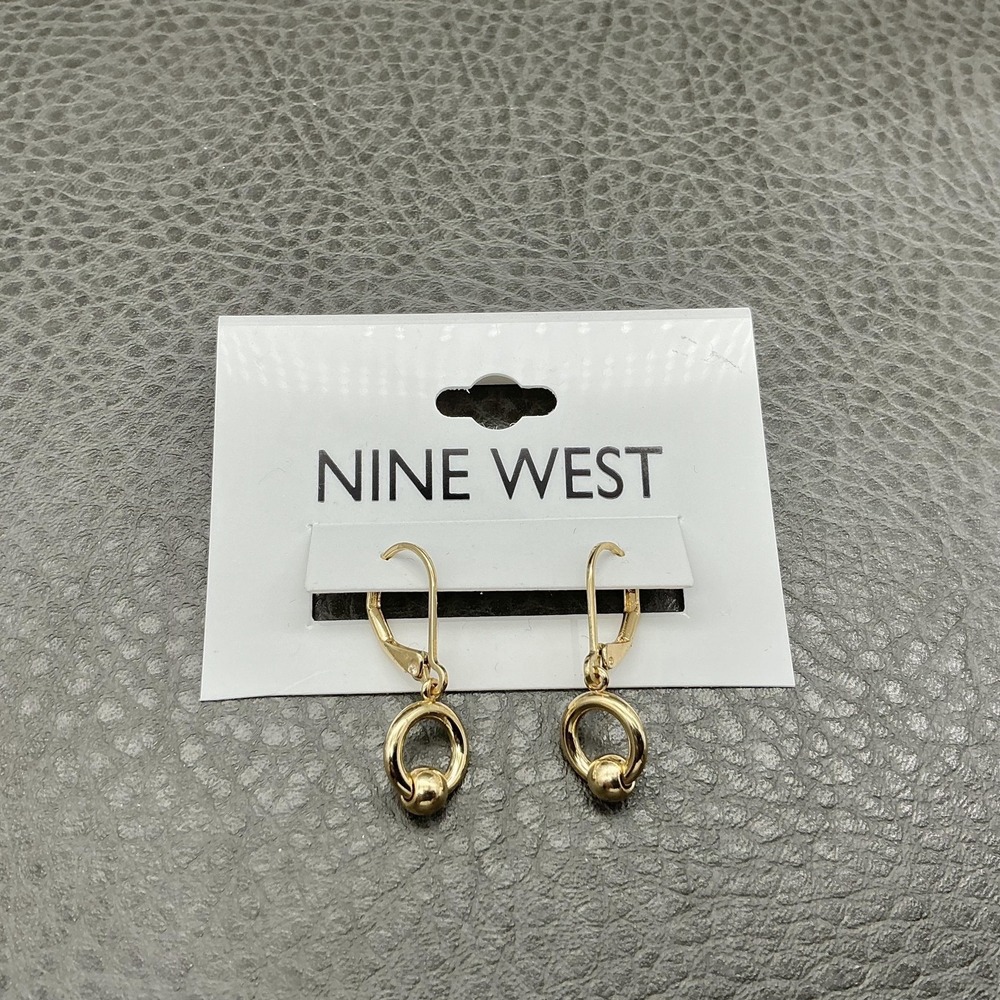 Nine West Gold Tone Leverback Dangle Hoop Circle Ball Earrings Pair Womens 1"